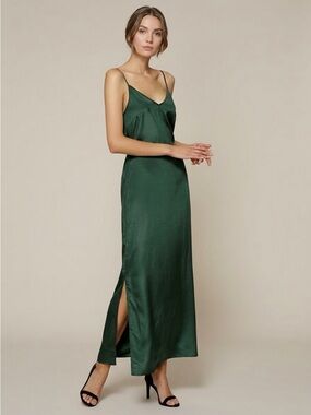 Amy Lynn Emerald Satin Slip Maxi Side Slit Spaghetti Straps Lace Back Sz Small